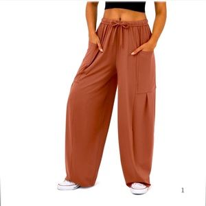 Halara Mid Rise Elastic Waistband Drawstring Side Pocket Palazzo Flowy Wide Leg